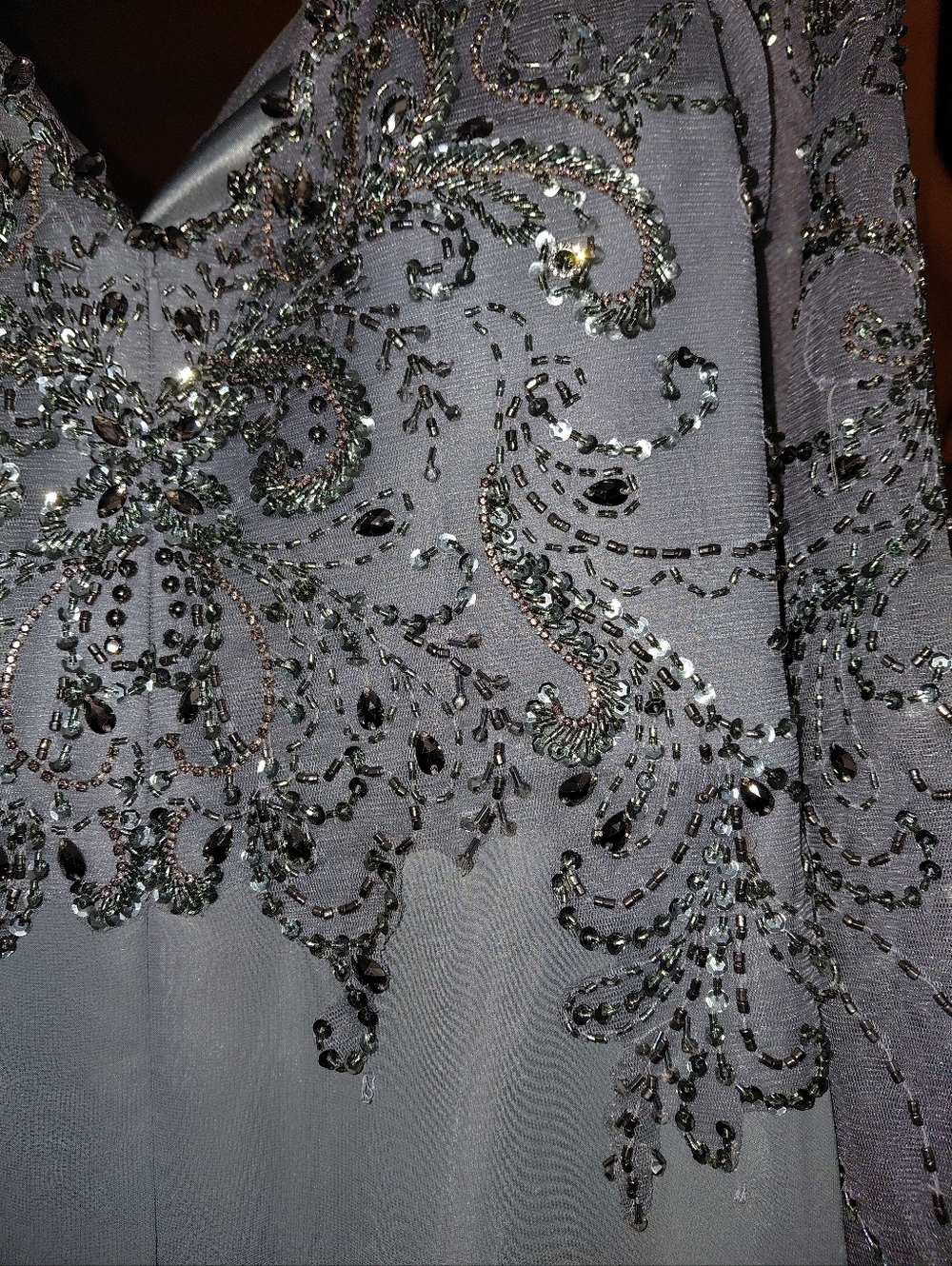MGNY Madeline Gardner Slate Gray Beaded Illusion Gown - Size 6- Tea Length - Picture 10 of 16